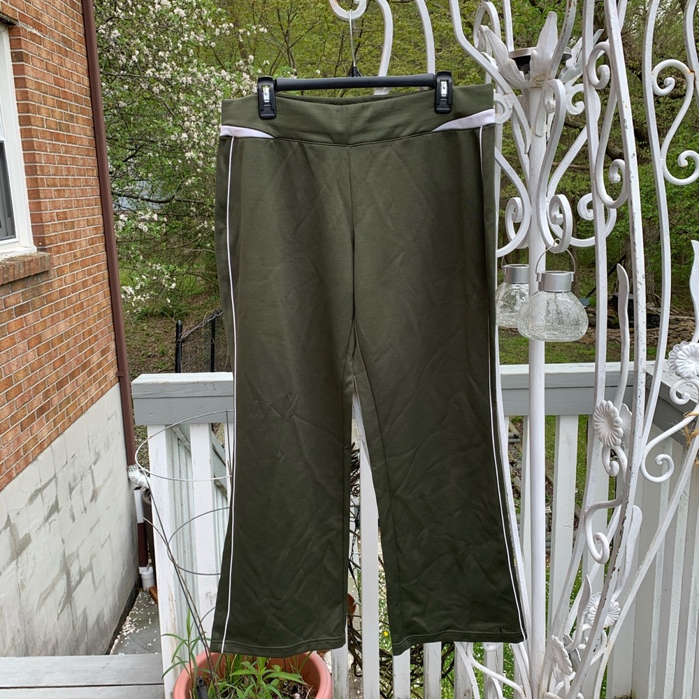 Large Olive & White Workout Athletic Pants Y2K Vintage